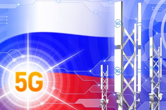 Russia 5G industrial illustration, huge cellular network mast or tower on modern background with the flag - 3D Illustration