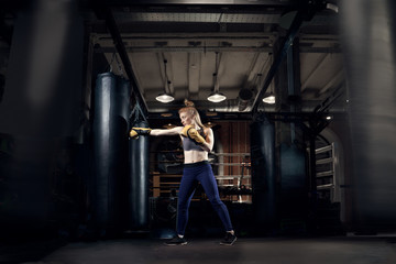 Fototapeta na wymiar Female boxer practicing near bag, ring in gym.