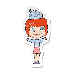retro distressed sticker of a cartoon woman wearing hat