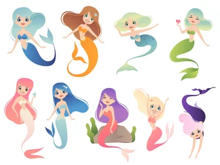 Foto op Plexiglas Meisjeskamer Zeemeermin karakters. Tiener zwemmen mystieke fantasie prinses onderwater vrouw vector cartoon mascotte. Illustratie van zeemeerminkarakter, onderwatersireneprinses