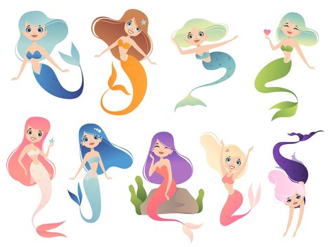 Mermaid characters. Teen swimming mystical phantasy princess underwater woman vector cartoon mascot. Illustration of mermaid character, underwater siren princess