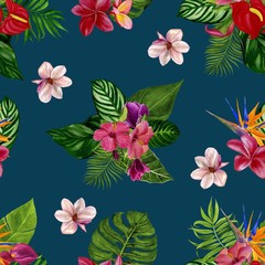 Pattern with tropical flowers and leaves. Watercolor illustration. 
