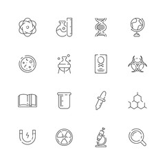 Fototapeta premium Science icon. Chemical laboratory equipment chemicals structure scientific lab vector thin symbols. Illustration of equipment for experiment, magnet and instrument illustration