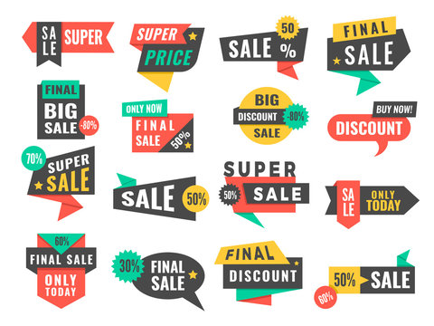 Sale badges. Advertising promo labels offers and big discount vector pictures set. Illustration of special advertising, promotion label for sale