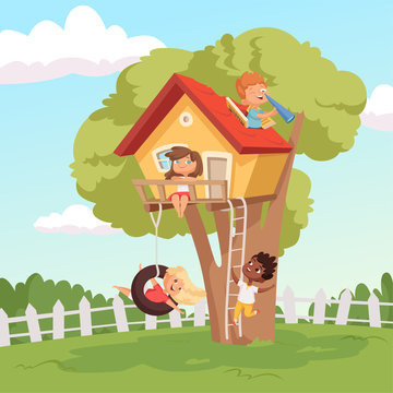 House On Tree. Cute Children Playing In Garden Nature Climbing Vector Kids Background. Illustration Of Tree House For Children, Recreation Childhood