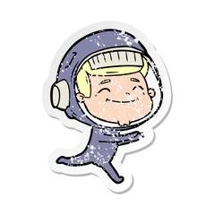 distressed sticker of a happy cartoon astronaut