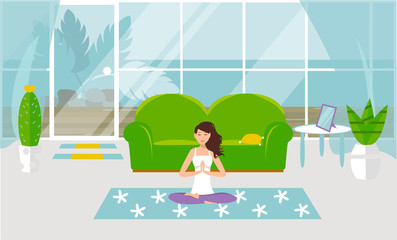 Vector illustration The girl is engaged in yoga in namaste at home, in a cozy living room. Design of a modern room with furniture and accessories. Large window, glass door, exit to the courtyard