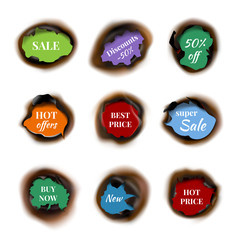 Fire offers. Hot advertizing deals flame burning paper holes vector template. Illustration of fire label, best price banner