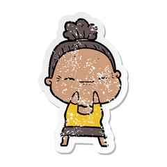 distressed sticker of a cartoon peaceful old woman