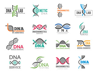 Fototapeta na wymiar Dna logotype. Business identity with science biotech symbols pharmaceutical bio icons. Logo dna identity molecule, medical company illustration