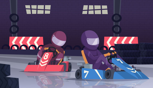 Karting sport competition. Racers in helmet in fast cars on speed track vector cartoon background. Illustration of championship competition, sport track route for speed go-kart