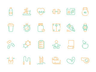 Sport icons. Gym and fitness exercise workout supplements personal training vector colored pictures. Illustration of healthy sport, heartbeat and scales, sneakers and whistle