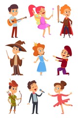 Kid actors. Theater performance of funny childrens boys and girls in costume standing at school stage vector characters cartoon. Child and kid theater, young performance in childhood illustration