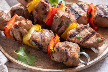 Grilled shish kebab or shashlik with pepper vegetable on a stick