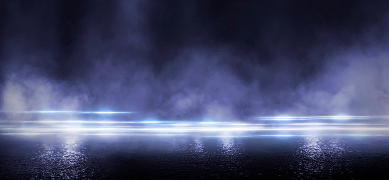 Wet asphalt, reflection of neon lights, a searchlight, smoke. Abstract light in a dark empty street with smoke, smog. Dark background scene of empty street, night view, night city. © MiaStendal