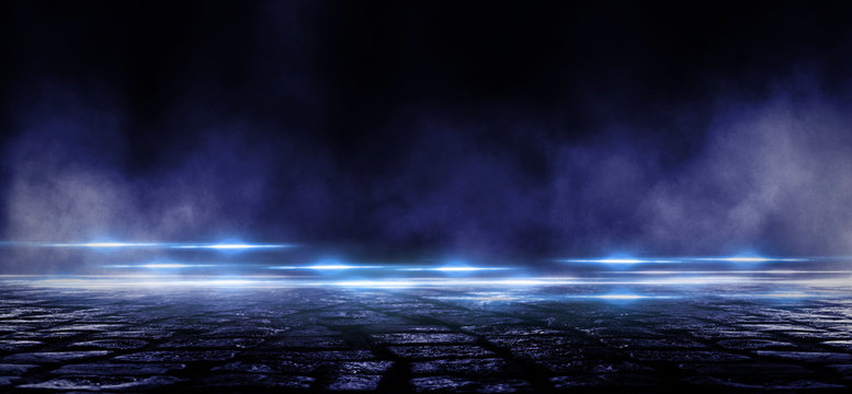 Wet asphalt, reflection of neon lights, a searchlight, smoke. Abstract light in a dark empty street with smoke, smog. Dark background scene of empty street, night view, night city. © MiaStendal