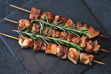 Pork shashlik with rosemary. Fresh flavored kebab. Keto diet. Pegan diet. Paleo diet.