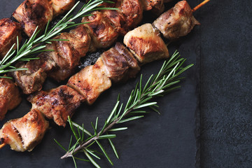 Pork shashlik with rosemary. Fresh flavored kebab. Keto diet. Pegan diet. Paleo diet.