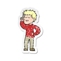 retro distressed sticker of a cartoon man with idea