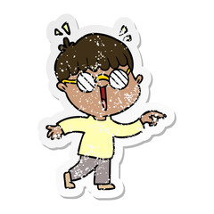 distressed sticker of a cartoon boy wearing spectacles