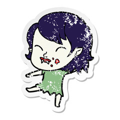 distressed sticker of a cartoon vampire girl with blood on cheek