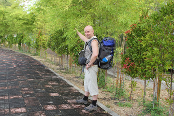 The man. traveler with a large backpack on his shoulders, in shorts stands among the bamboo groves on the road and shows his hand, the concept of vacation, travel.