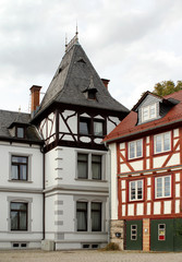 Interesting half-timbered houses of medieval Europe. A small tourist town of Germany, 2018