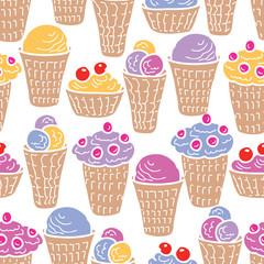 Seamless pattern of waffle cups of ice cream