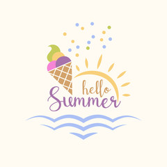 Hello Summer lettering. Label summer party background with sun, sea and ice cream. Beach, resort, travel, vacation. Vector design for poster, invitation, flyer, banner.