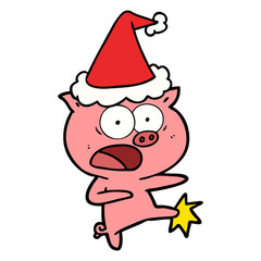 line drawing of a pig shouting and kicking wearing santa hat