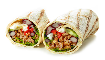 Tortilla wrap with fried minced meat and vegetables