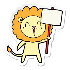 sticker of a laughing lion cartoon with placard