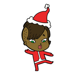 line drawing of a surprised girl in science fiction clothes wearing santa hat