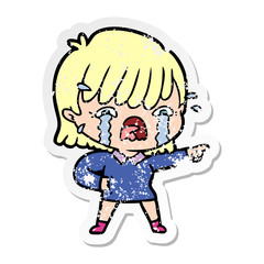 distressed sticker of a cartoon girl crying
