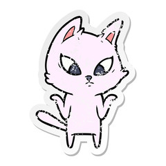 distressed sticker of a confused cartoon cat shrugging shoulders