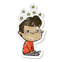 distressed sticker of a cartoon excited man