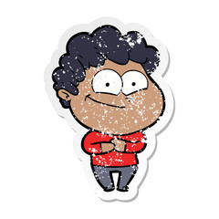 distressed sticker of a cartoon happy man