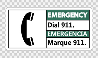 Bilingual Emergency Dial 911 Sign on transparent background