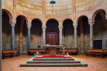 Perugia, Italy - Interior of the V century Early Christianity St. Michel Archangel Church - Chiesa...