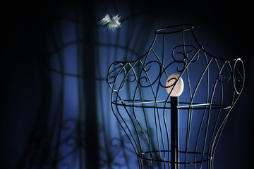 egg in a metal tailor doll like in a bird cage and a flying feather, surreal art concept for...