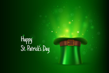 Saint Patricks Day greeting Card Color Vector. Leprechaun Hat with gold shine. 
