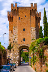 Perugia, Italy - Stone tower and keep of St. Angelo Gate - Cassero di Porta Sant’Angelo - at the...