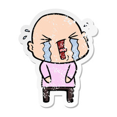 distressed sticker of a cartoon crying bald man