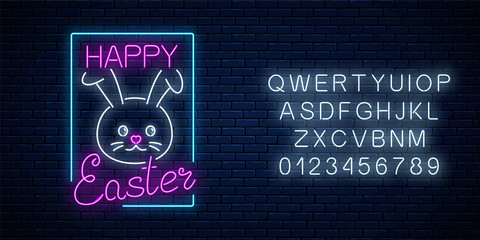 Happy easter glowing signboard with bunny and lettering with alphabet in neon style. Easter bunny greeting banner.