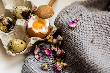 Egg boiled raw chicken egg quail egg tray wooden spoon breakfast white