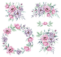 Peonies, watercolor set pink and violet flowers. Floral summer bouquets isolated on white, clip arts. Hand drawing arrangements. Perfectly for wedding, birthday, party, other greetings design.