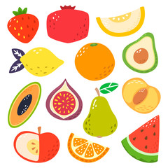 Cute bright colors of fruits vector collections. Set of fruits a strawberry, pomegranate, melon, lemon, orange, avocado, fig, pear, peach, apple, lemon