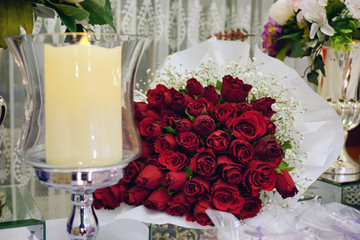 Engagement catering concept with ornaments candles cake and chocolate