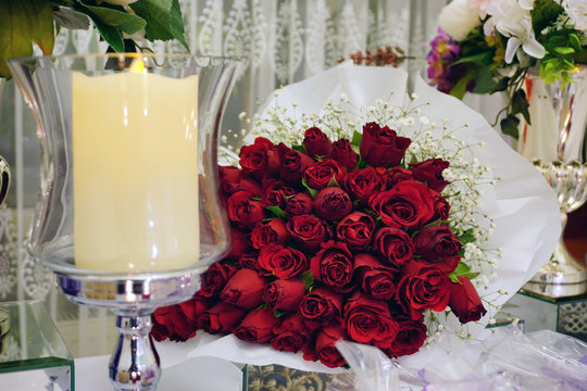 Engagement catering concept with ornaments candles cake and chocolate