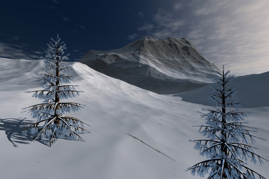 Mountain, a winter landscape, snowy trees and clouds in the blue sky.